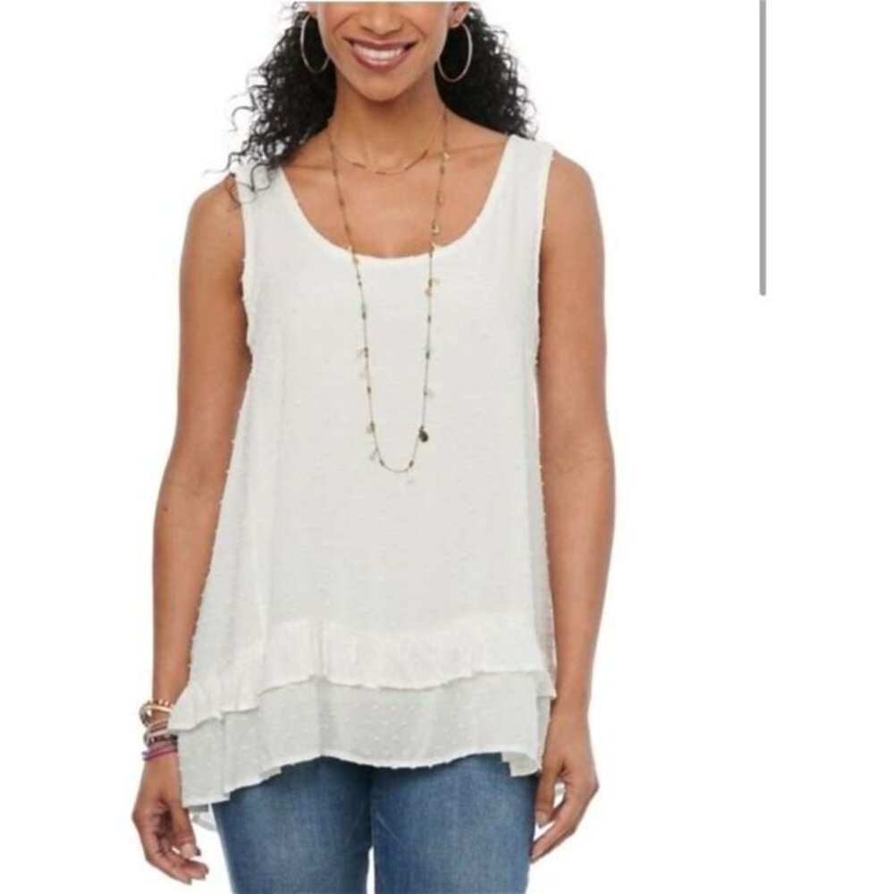 New! Democracy Swiss Dot Flounce-Hem Tank - Off White